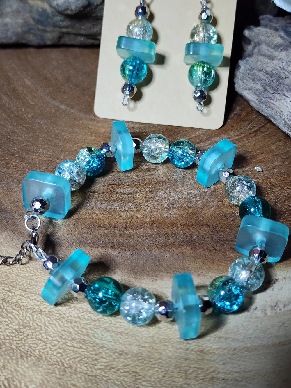 Hand Crafted  Crackled Glass Teal Beaded Bracelet and Earring Set